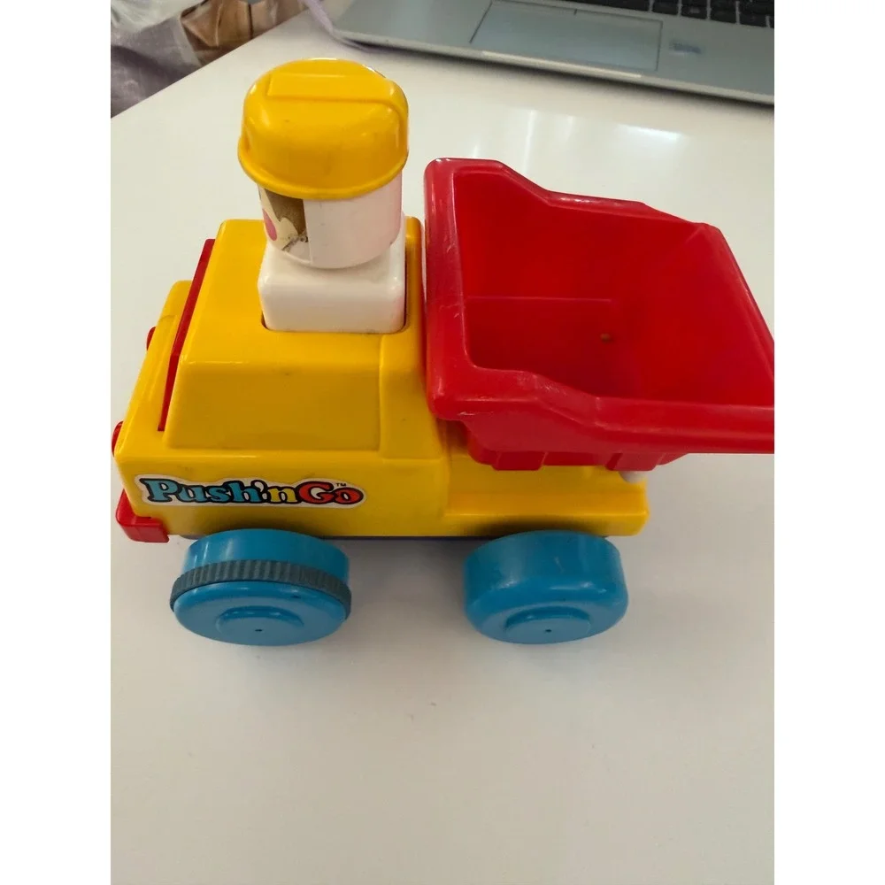 Vintage Tomy Push n Go Dump Truck Yellow Red Blue Friction Toy Construction Car